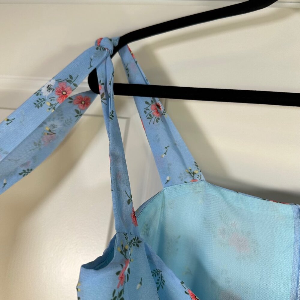 Light Blue Floral Tie Shoulder Slit Midi Dress - NEW - Picture 10 of 16